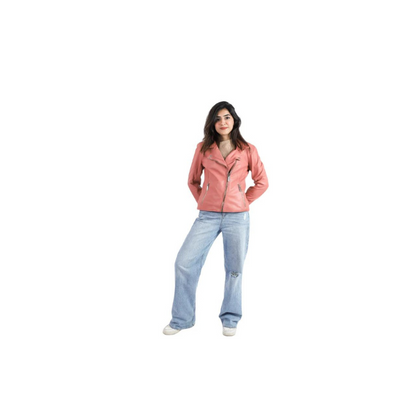 Womens Sheep Leather Jacket Biker Racer Style Rose Color Jacket – ELF10