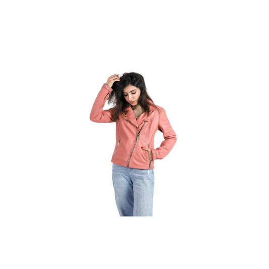 Womens Sheep Leather Jacket Biker Racer Style Rose Color Jacket – ELF10