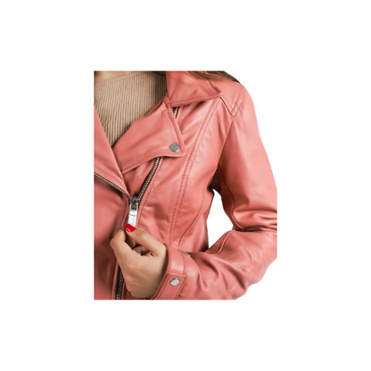 Womens Sheep Leather Jacket Biker Racer Style Rose Color Jacket – ELF10