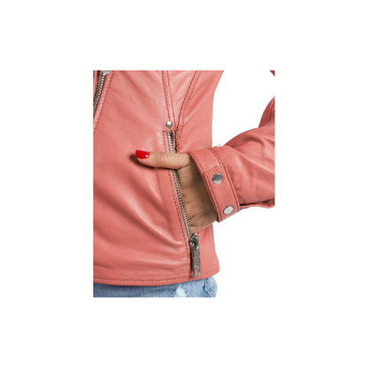 Womens Sheep Leather Jacket Biker Racer Style Rose Color Jacket – ELF10