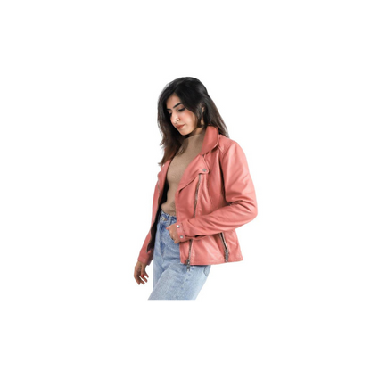 Womens Sheep Leather Jacket Biker Racer Style Rose Color Jacket – ELF10