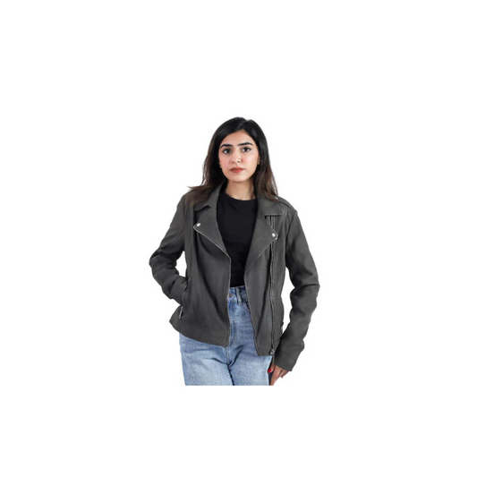Womens Biker Racer Style Grey Sheep Leather Jacket Motorbike Style Quality Designer Jacket – ELF12