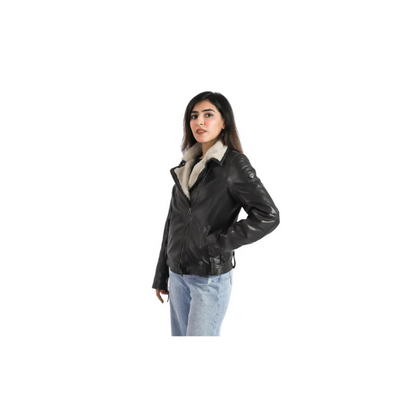 Womens Aviator Bomber Sheep Leather Jacket with Fur Collar High Designer Quality – ELF13