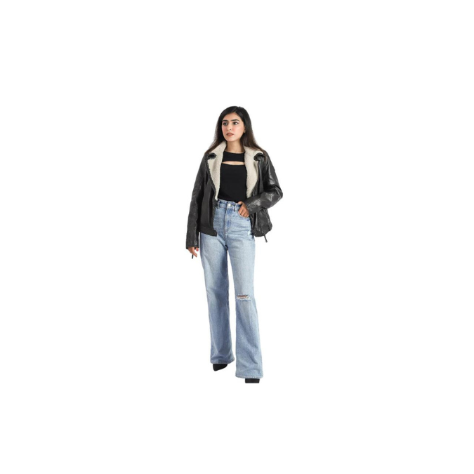 Womens Aviator Bomber Sheep Leather Jacket with Fur Collar High Designer Quality – ELF13