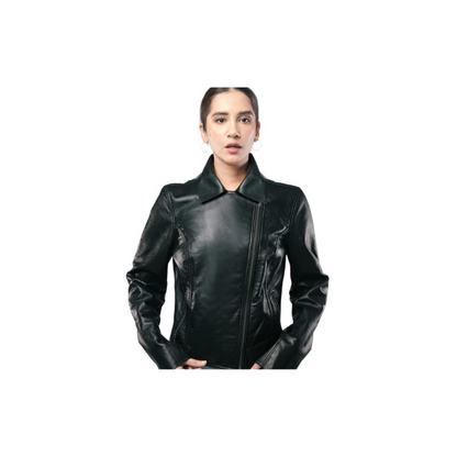 Chaqueta estilo motociclista para mujer, de piel de oveja negra, de diseñadores de moda – ELF39