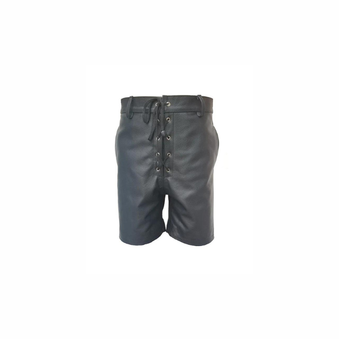 Short à lacets en cuir noir véritable pour hommes (SHORTS2)