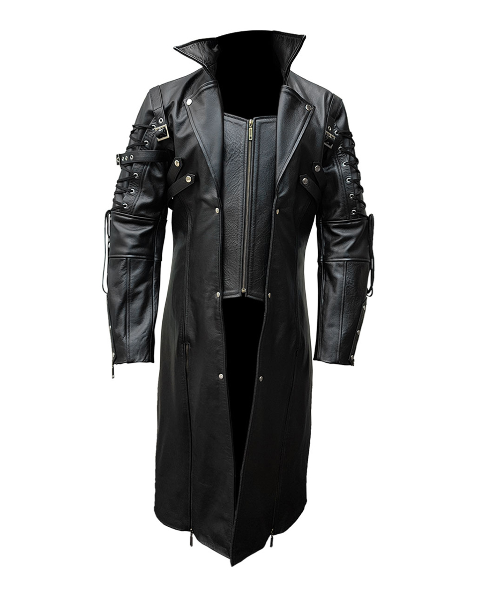 Mens Real Black Leather Goth Matrix Trench Coat Steampunk Gothic Real Leather Coat 